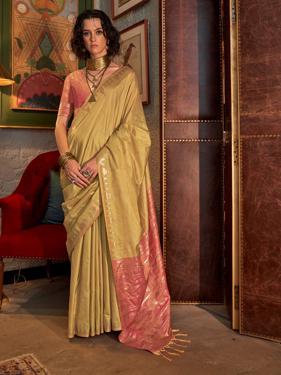 

Ishin Ethnic Motifs Zari Tussar Saree, Yellow