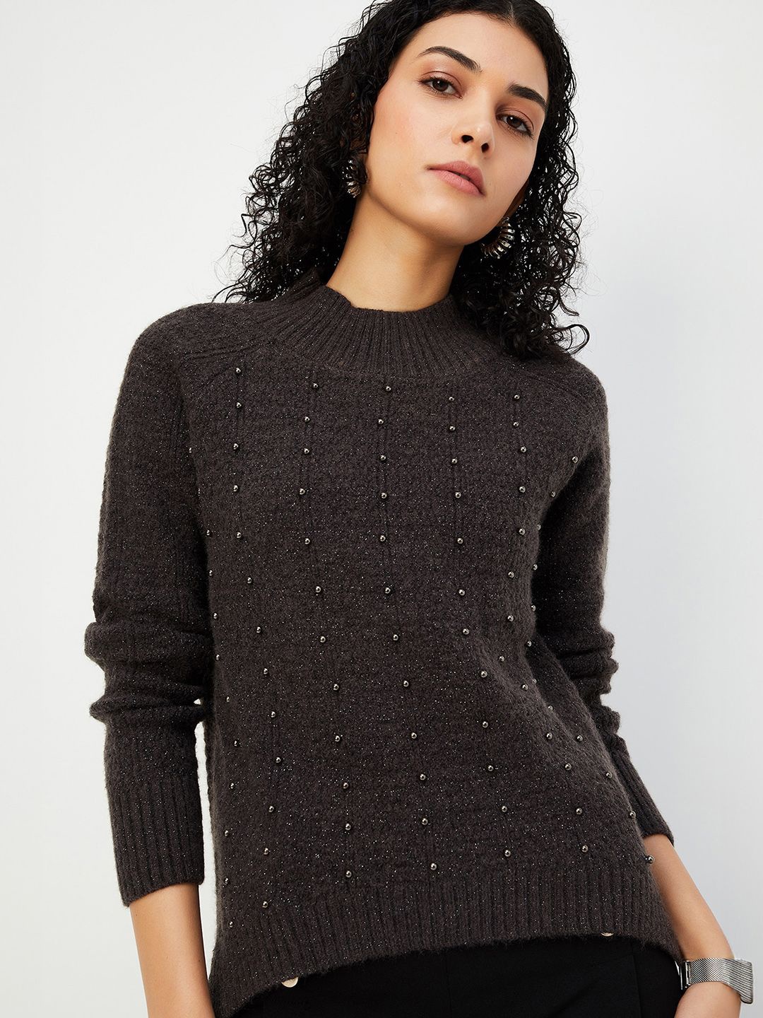 

max Women Speckled Longline Pullover with Embellished Detail, Grey
