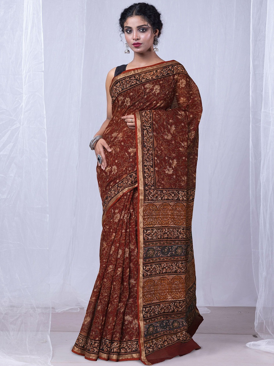 

Unnati Silks Zari Pure Cotton Handloom Kota Saree, Brown