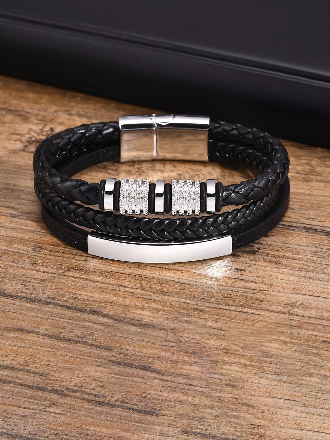 

MEENAZ Men Leather Oxidised Silver-Plated Wraparound Bracelet