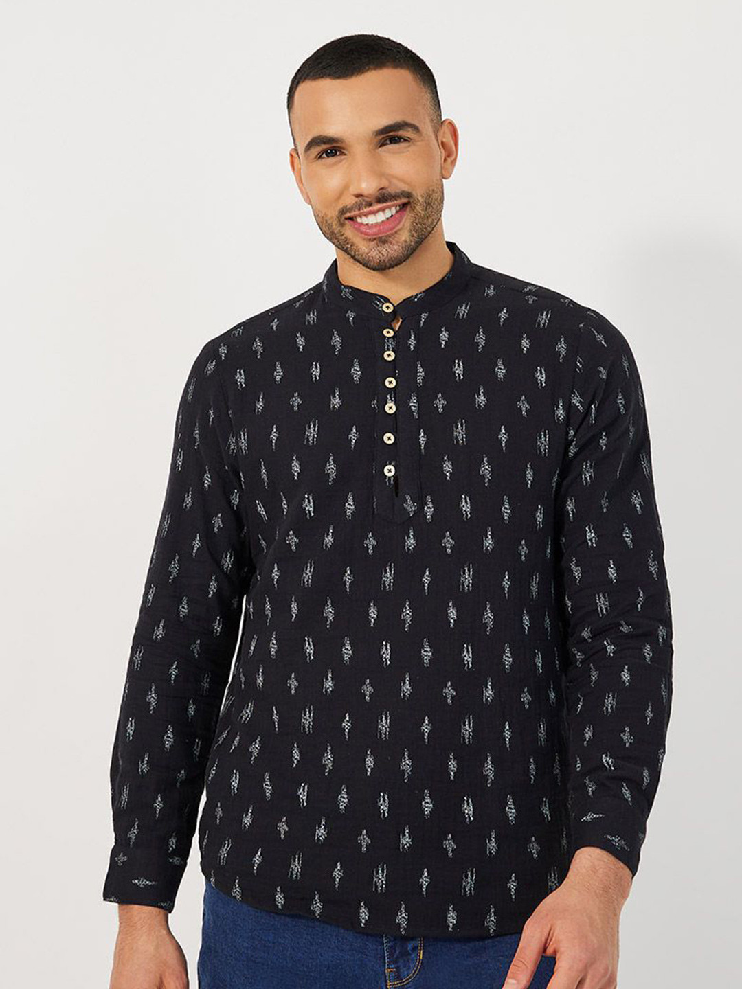 

Styli Relaxed Fit Abstract Printed Mandarin Collar Pure Cotton Casual Shirt, Black