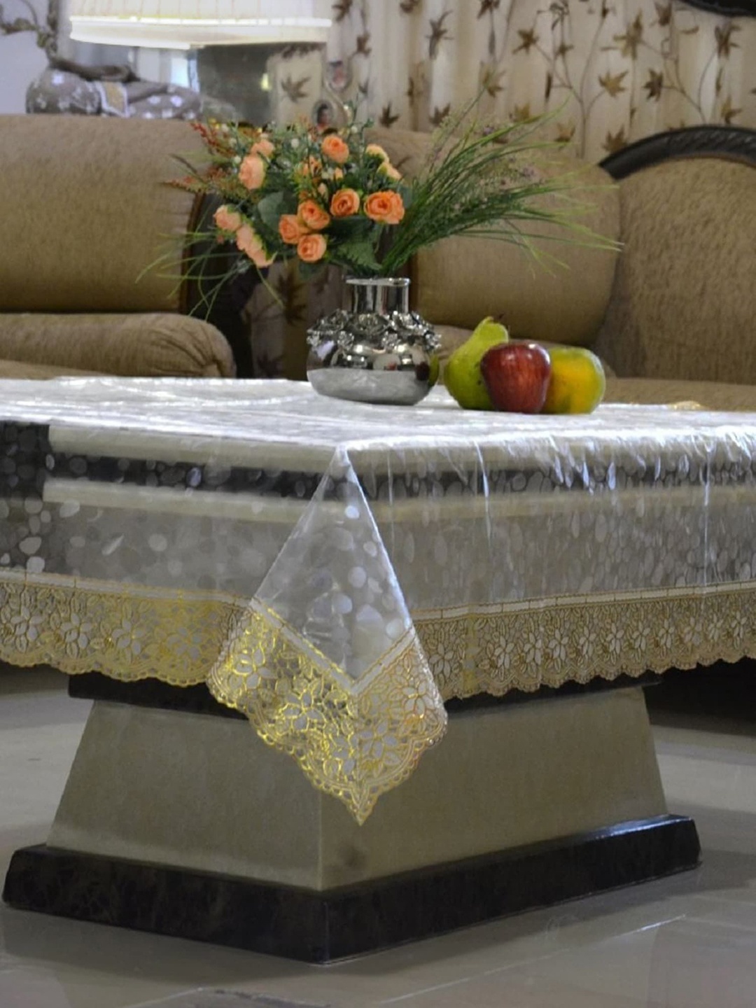 

Kuber Industries Gold-Toned Floral Plastic 6-Seater Table Cover