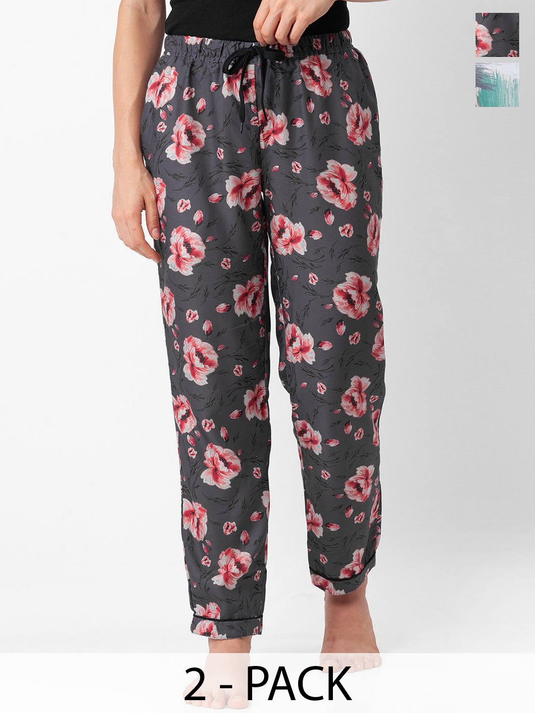 

FashionRack Women Pack Of 2 Printed Mid Rise Lounge Pant, Green