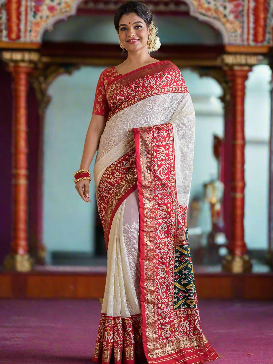 

Jinal & Jinal Woven Design Zari Pure Georgette Patola Saree, Off white