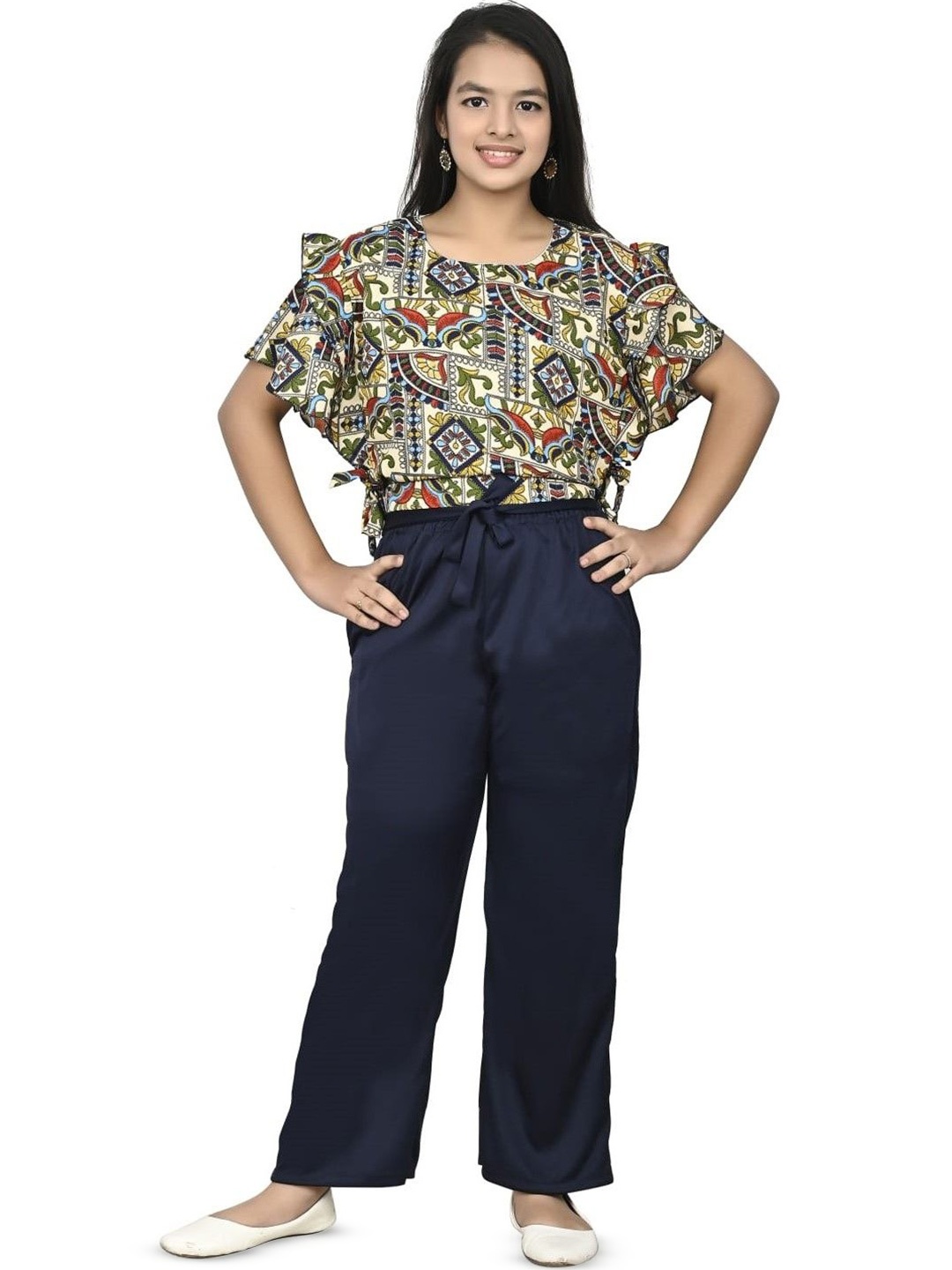 

Mabish Girls Printed Top with Trousers, Off white