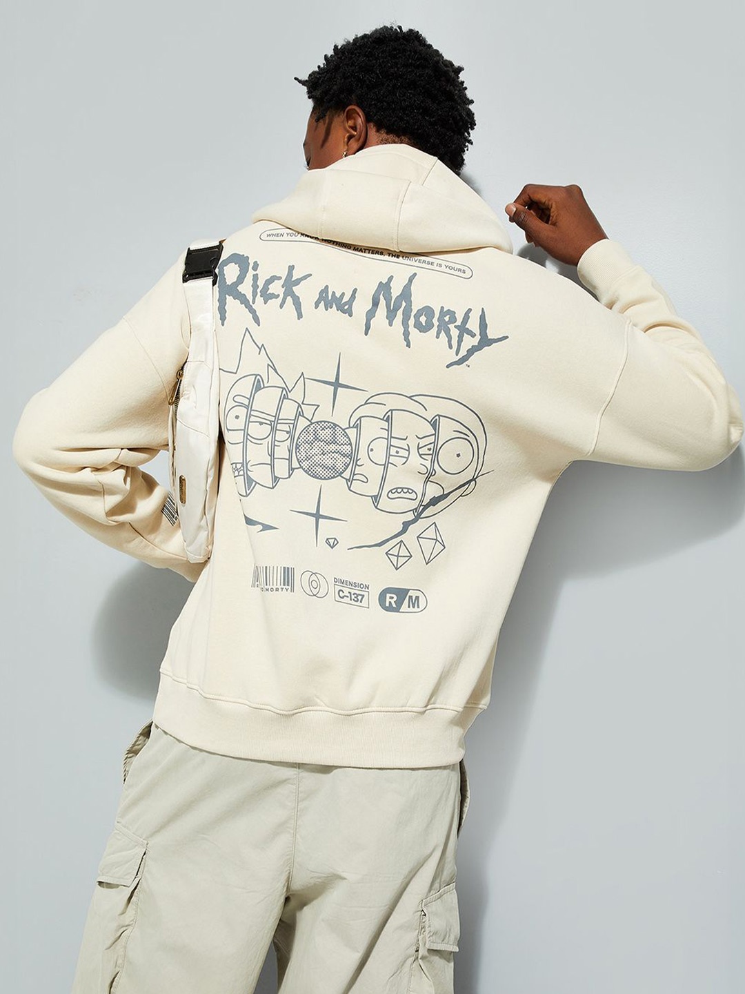 

MAX URB_N Men Rick & Morty Print Oversized Hooded Sweatshirt, Beige