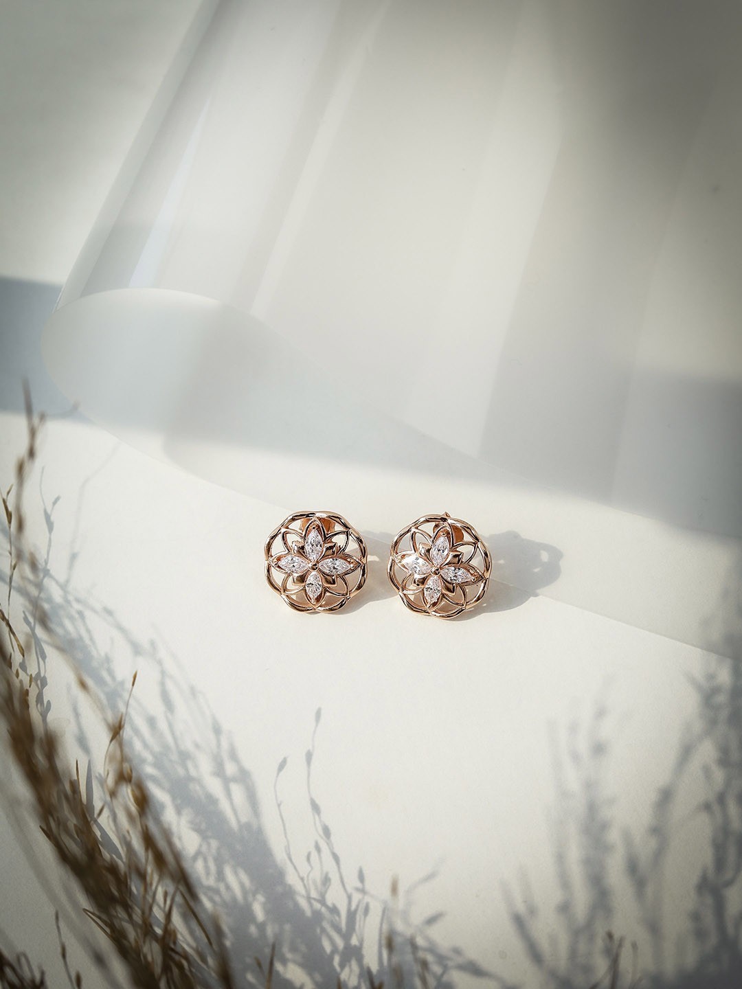 

DIAVO Rose Gold Plated 925 Sterling Silver CZ Studded Floral Studs Earrings