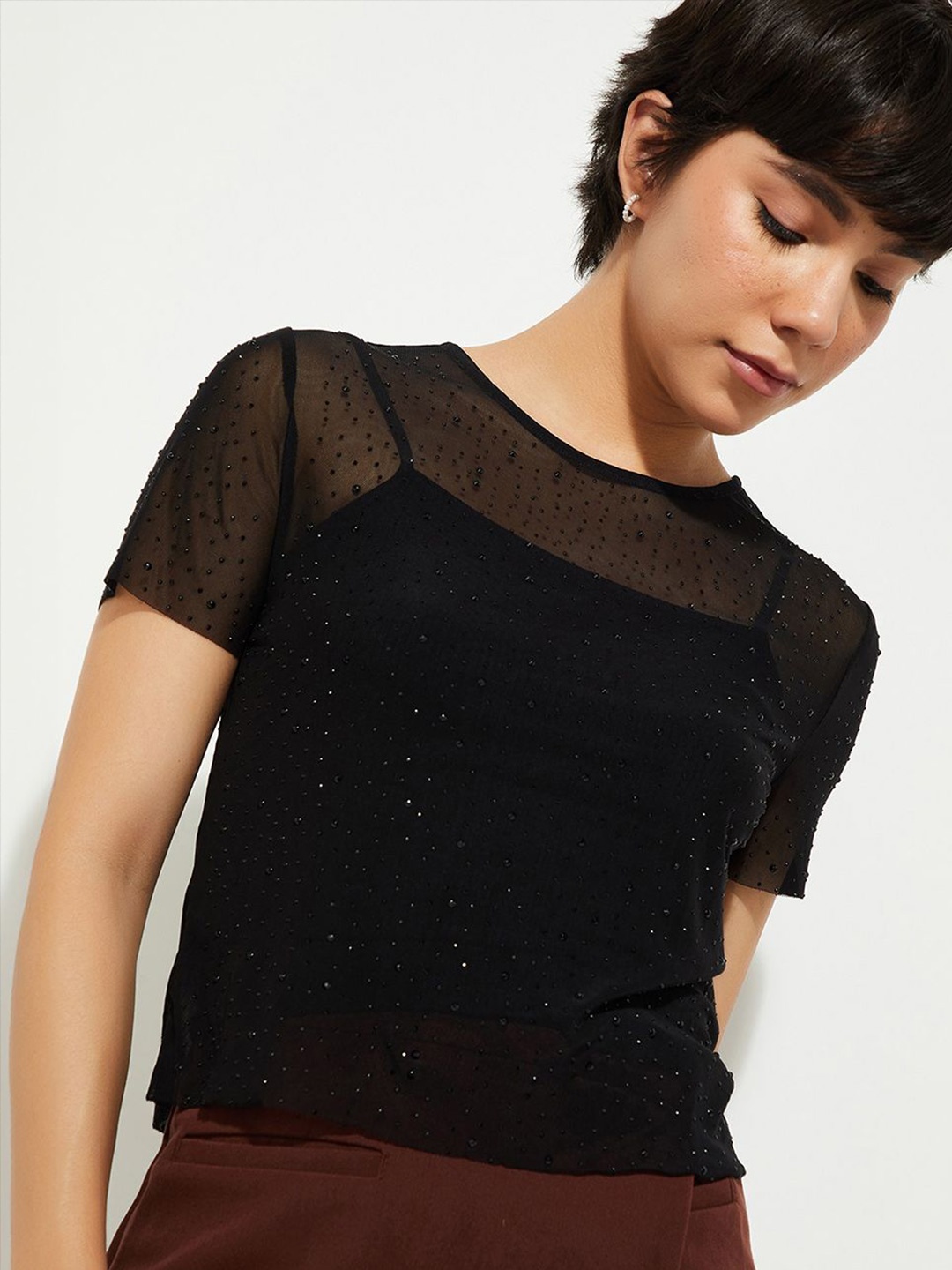 

MAX ALAYA F x URB_N Women Embellished Mesh Top, Black
