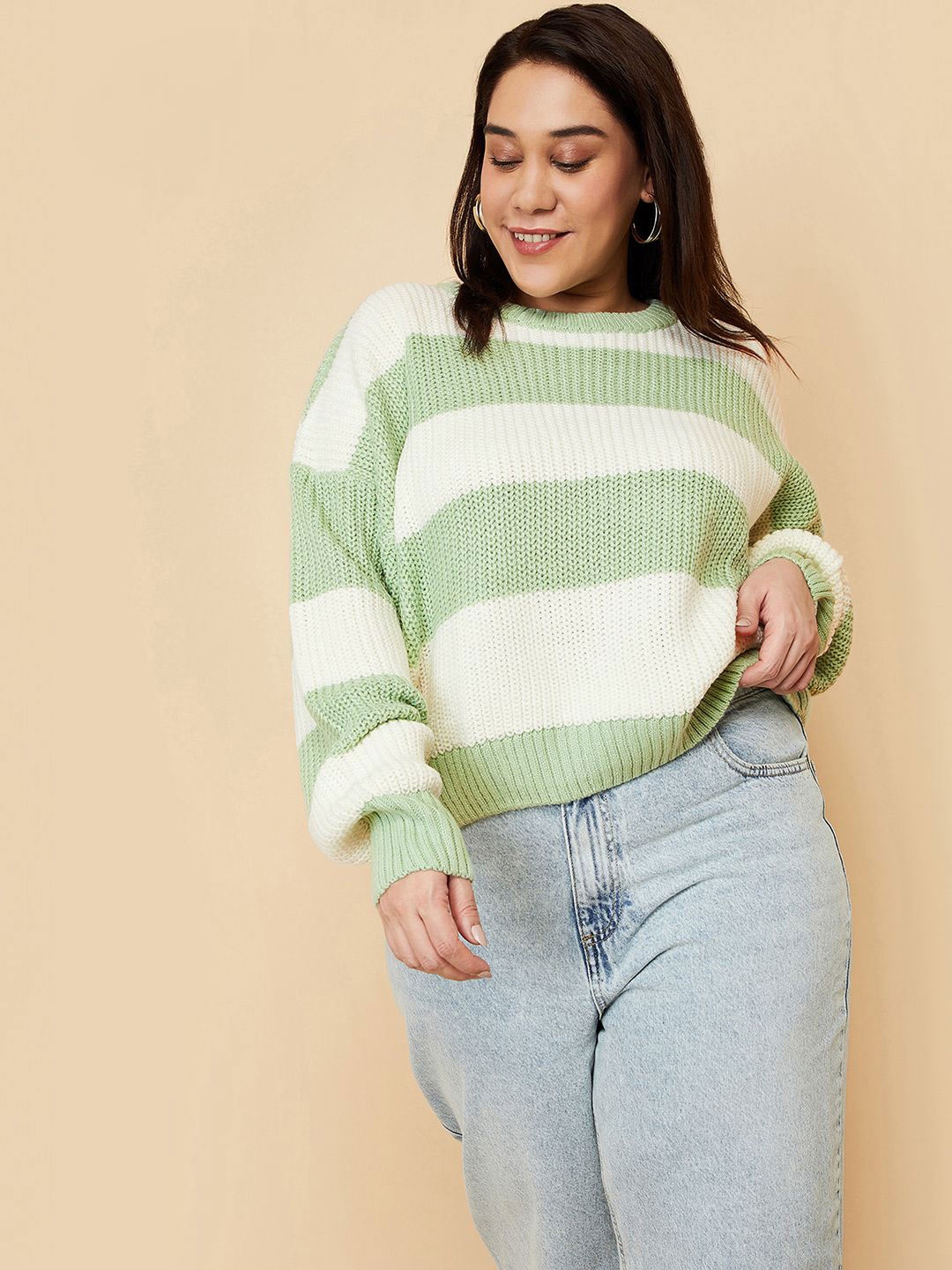 

max Women Striped Round Neck Long Sleeves Pullover, Green