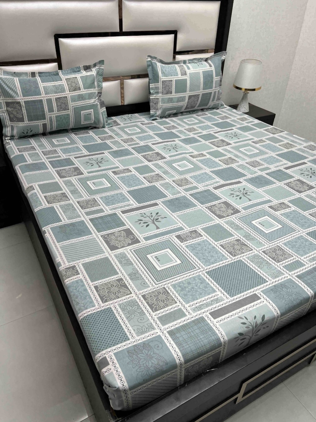 

Pure Decor Blue & Grey Floral 250 TC Queen Bedsheet with 2 Pillow Covers 2.26m x 2.57m