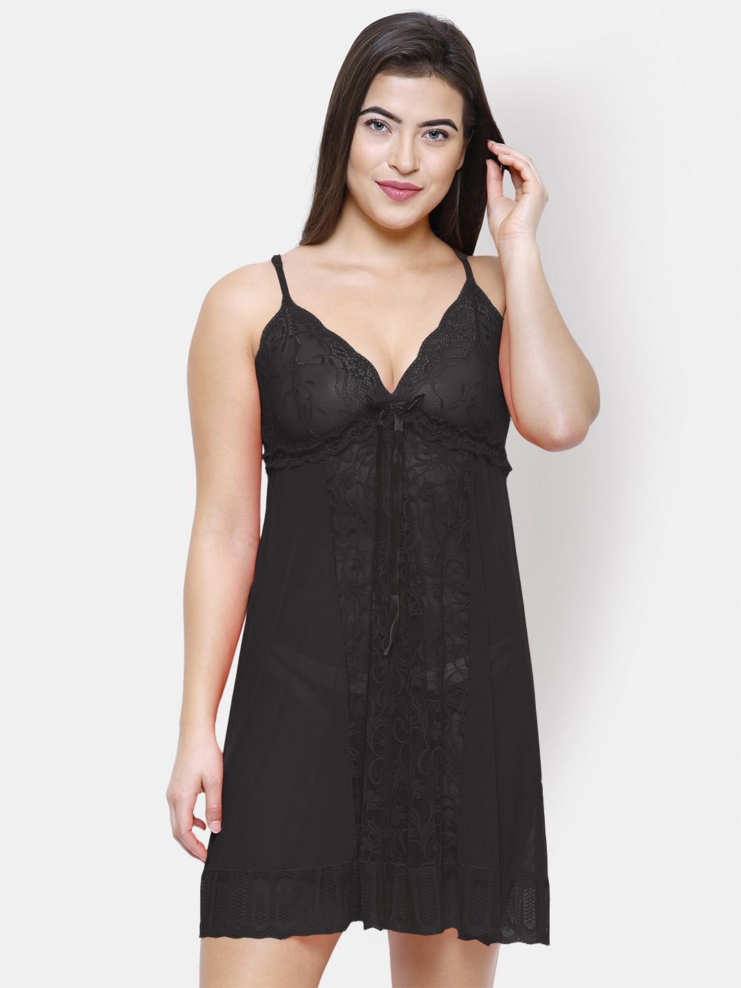 

NOIRA Women Self Designed Net Baby Doll Comes With Briefs, Black