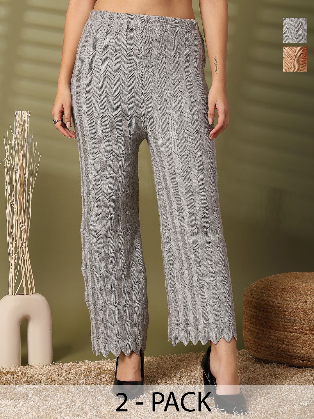 

Clora Creation Women Pack 2 Striped Woollen Mid Rise Trousers, Grey