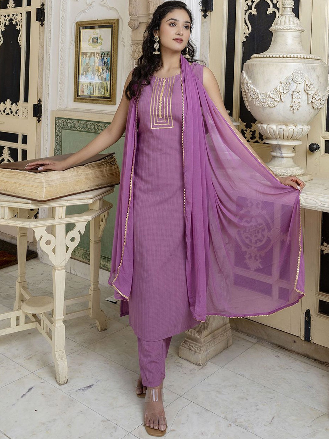 

Navlik Women Regular Gotta Patti Kurta with Trousers & With Dupatta, Purple