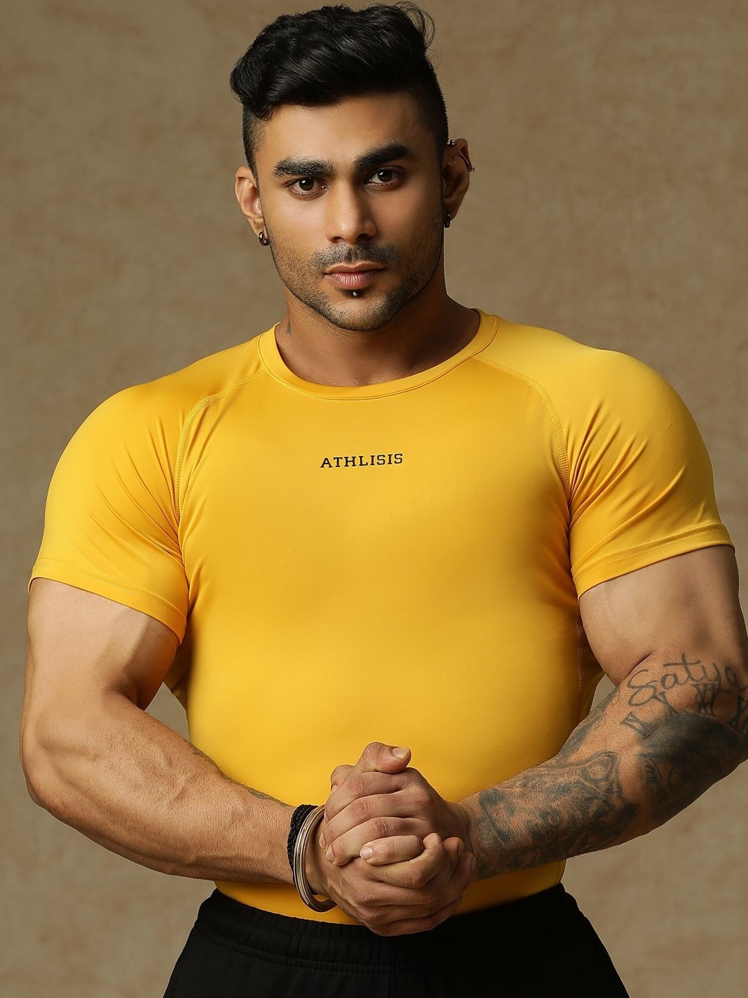 

ATHLISIS Men Anti Odour Applique Compression T-shirt, Mustard