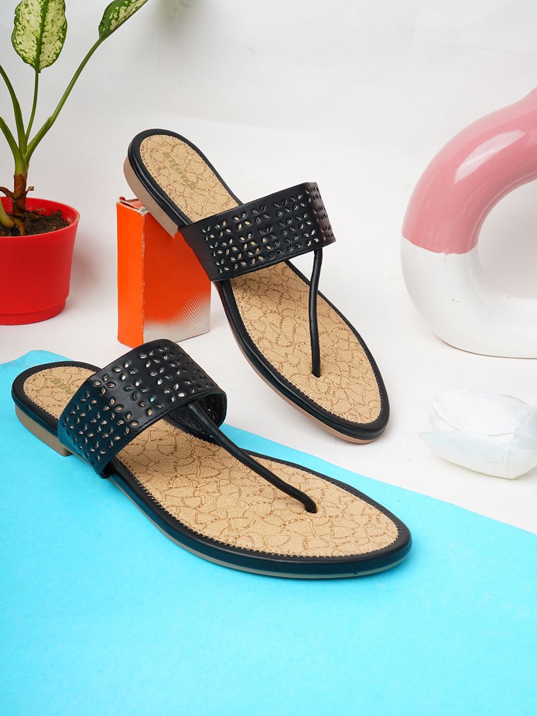 

Anouk Women Textured One Toe Flats with Laser Cuts, Black