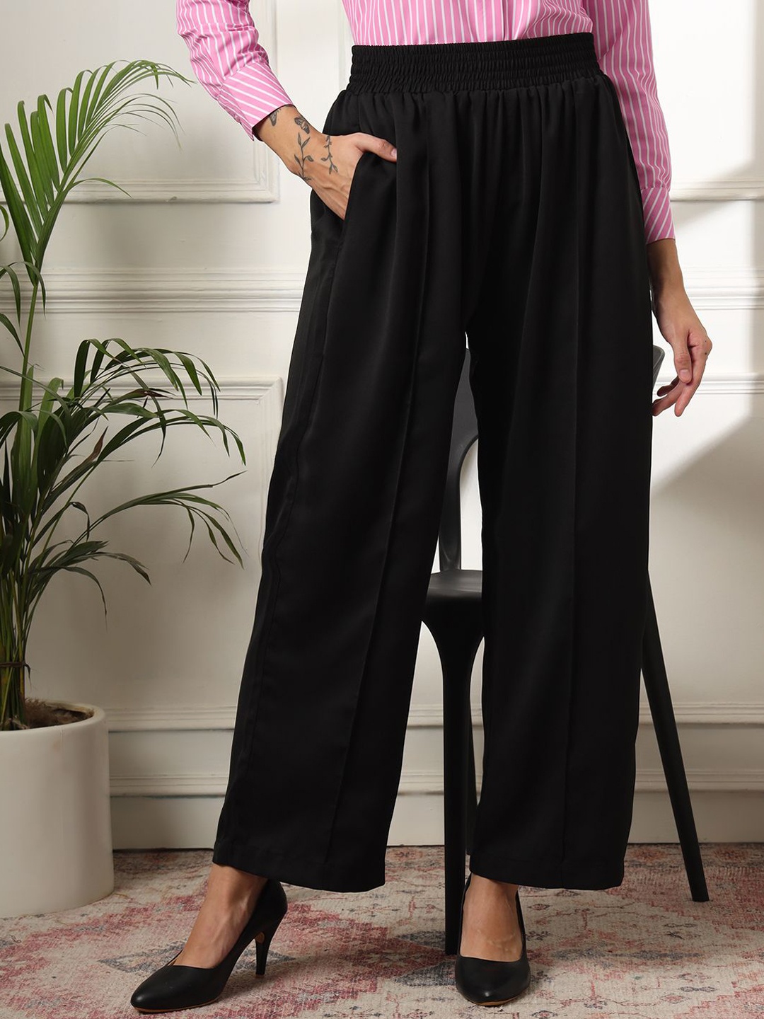 

FITHUB Women Cotton Straight Fit High-Rise Pleated Formal Trousers, Black