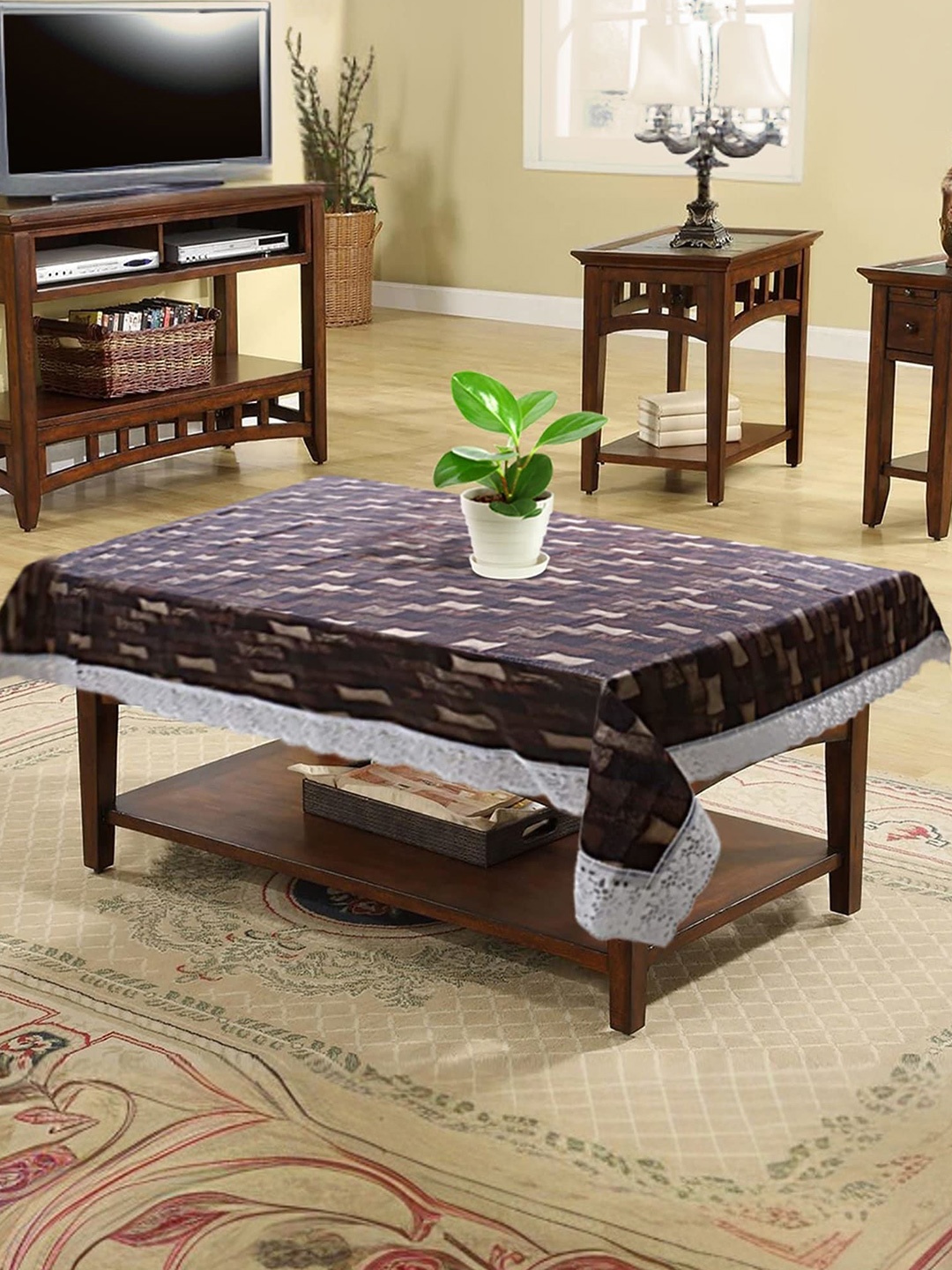 

Kuber Industries Brown Geometric Printed Plastic 4-Seater Table Cover