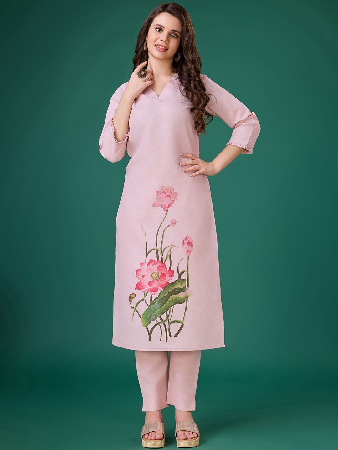 

MOJILAA Women Floral Printed Regular Linen Kurta with Trousers, Pink