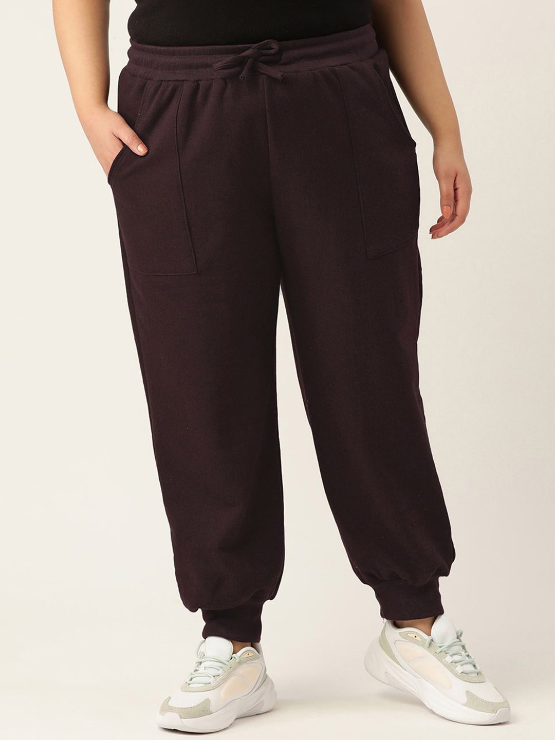 

theRebelinme Women Plus Size Relaxed Tapered Fit Cotton Joggers Trousers, Burgundy