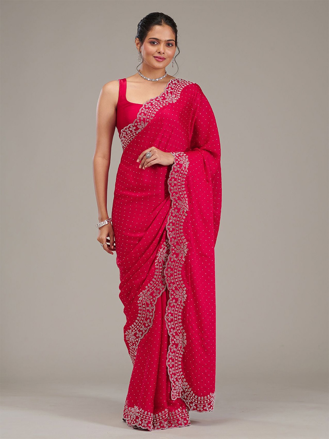 

Koskii Embellished Mukaish Satin Saree, Pink