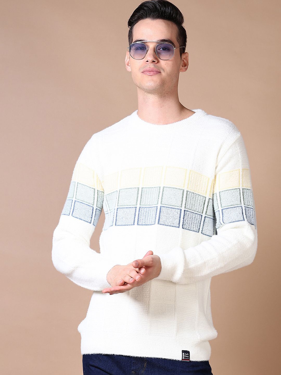 

V-Mart Men Cable Knit Round Neck Cotton Pullover, Off white