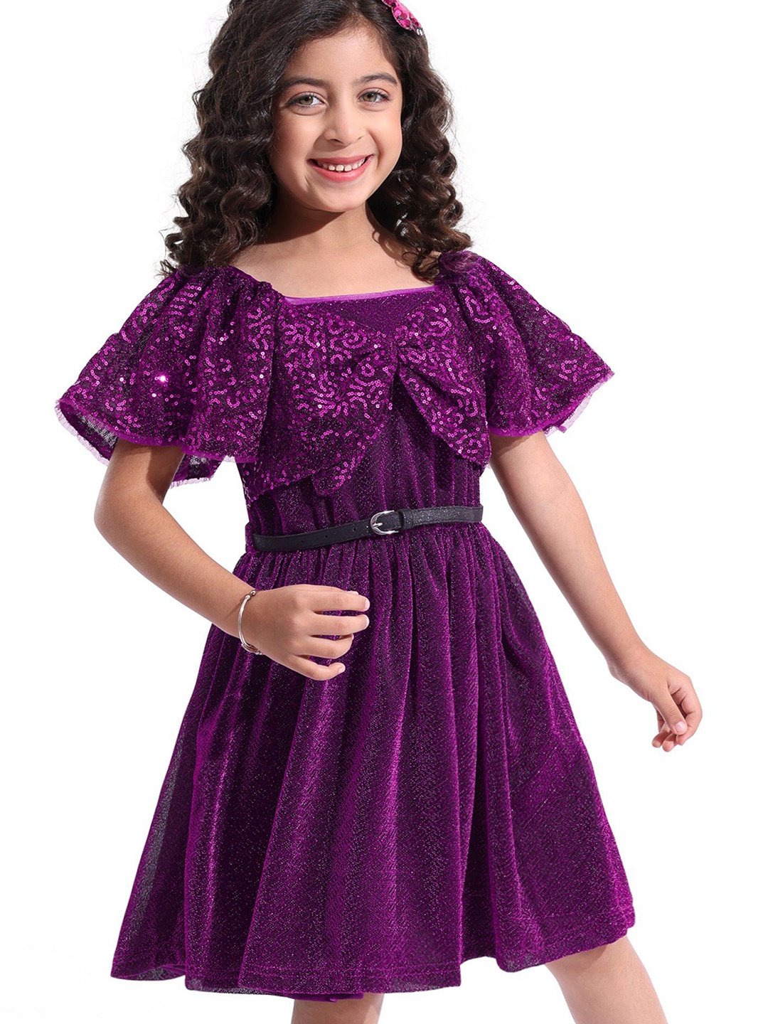 

Hola Bonita Girls Embellished Fit & Flare Dress With Belt, Purple