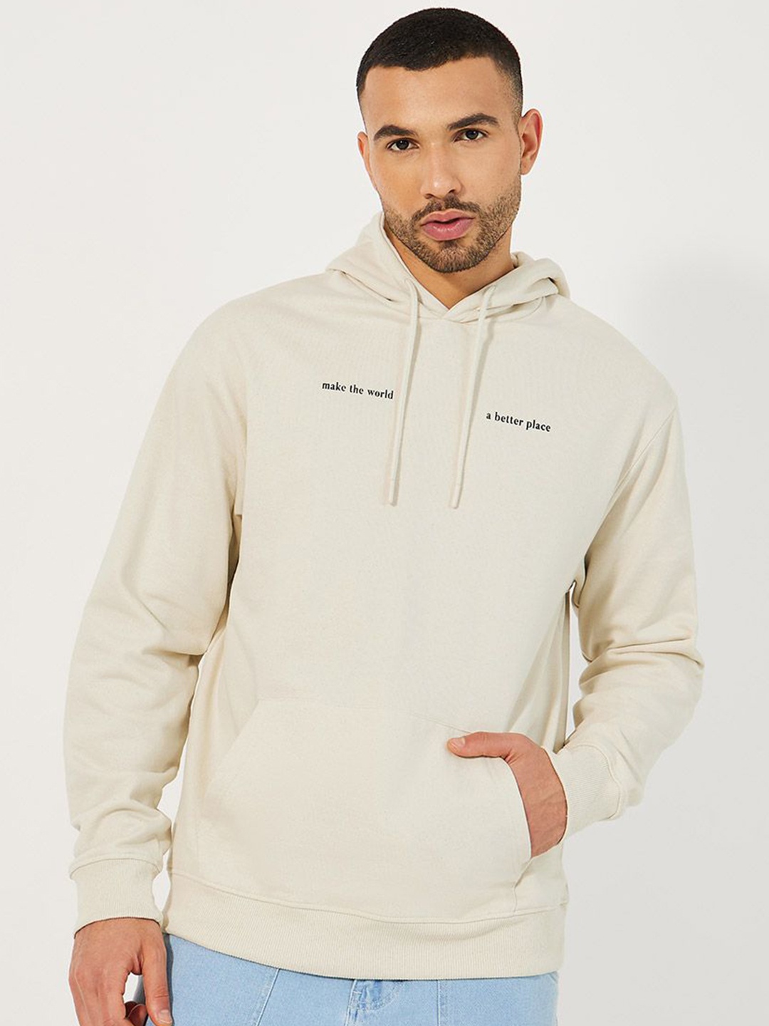 

Styli Minimal Men Typography Printed Hooded Pullover, Cream