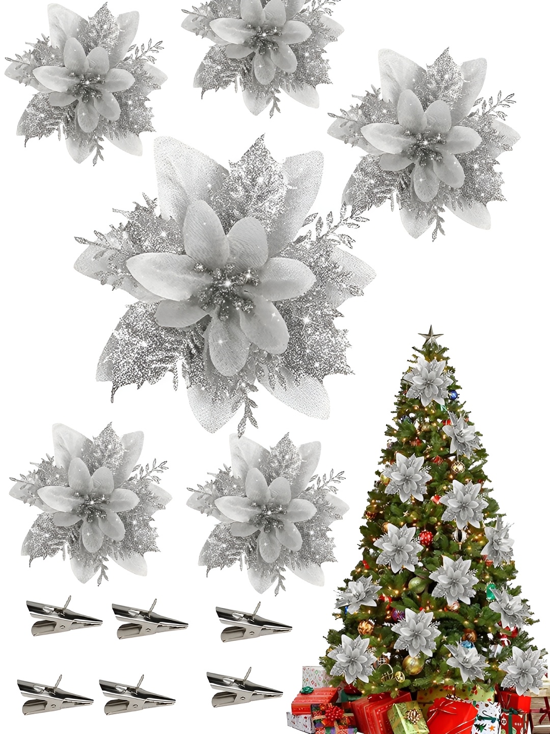 

TIED RIBBONS Set of 6 Sliver & White Artificial Poinsettia Flower With Clip, Silver