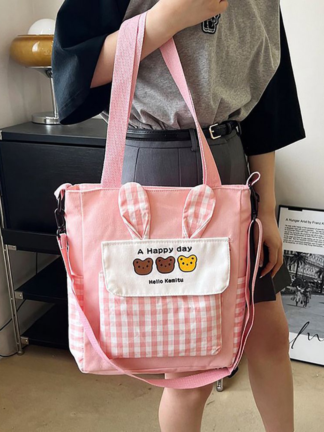 

StyleCast x Revolte Checked Shopper Handheld Bag with Applique, Pink