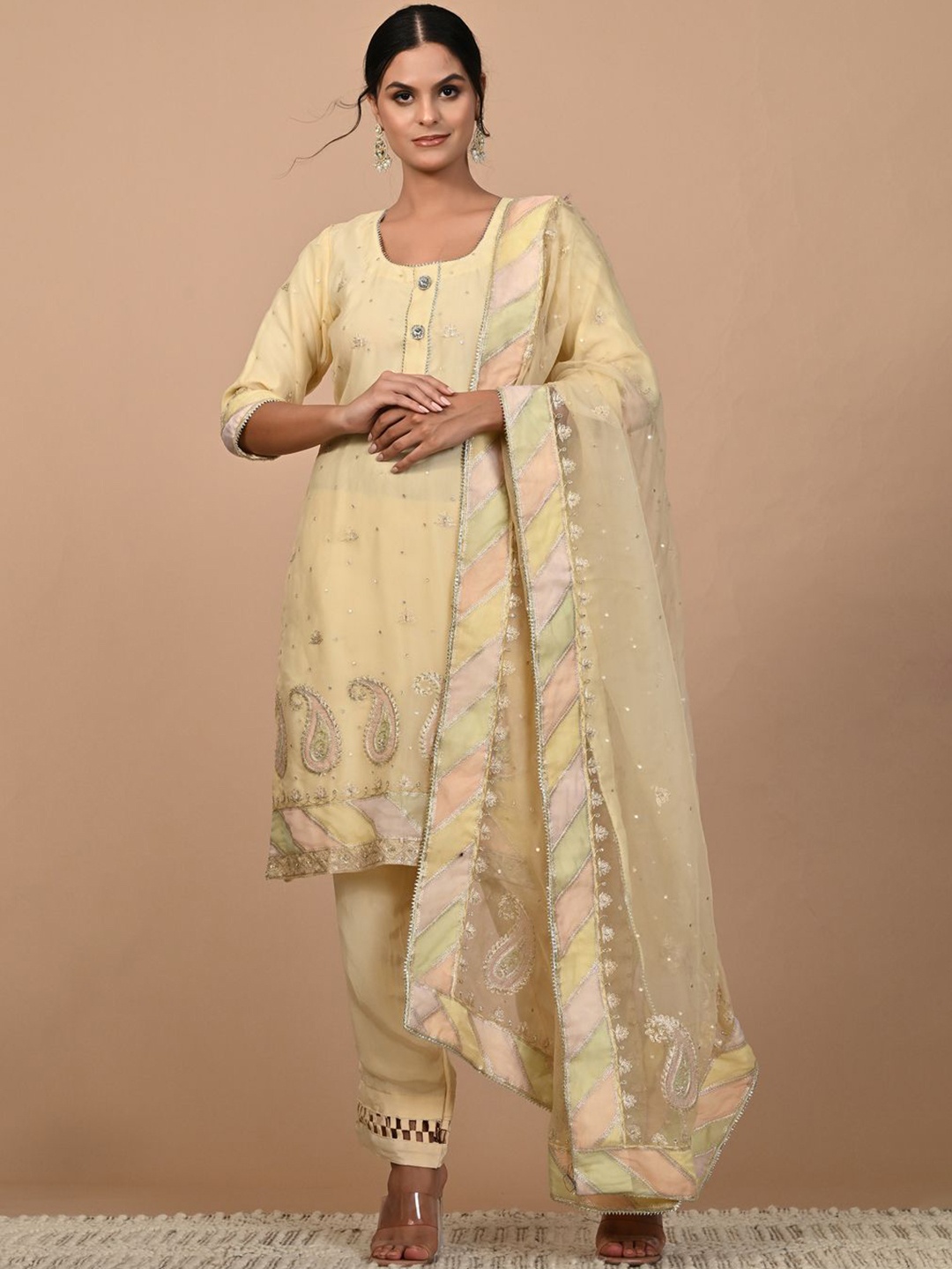 

ZARIKALI Women Ethnic Motifs Embroidered Regular Zardozi Silk Crepe Kurta with Trousers & With Dupatta, Yellow