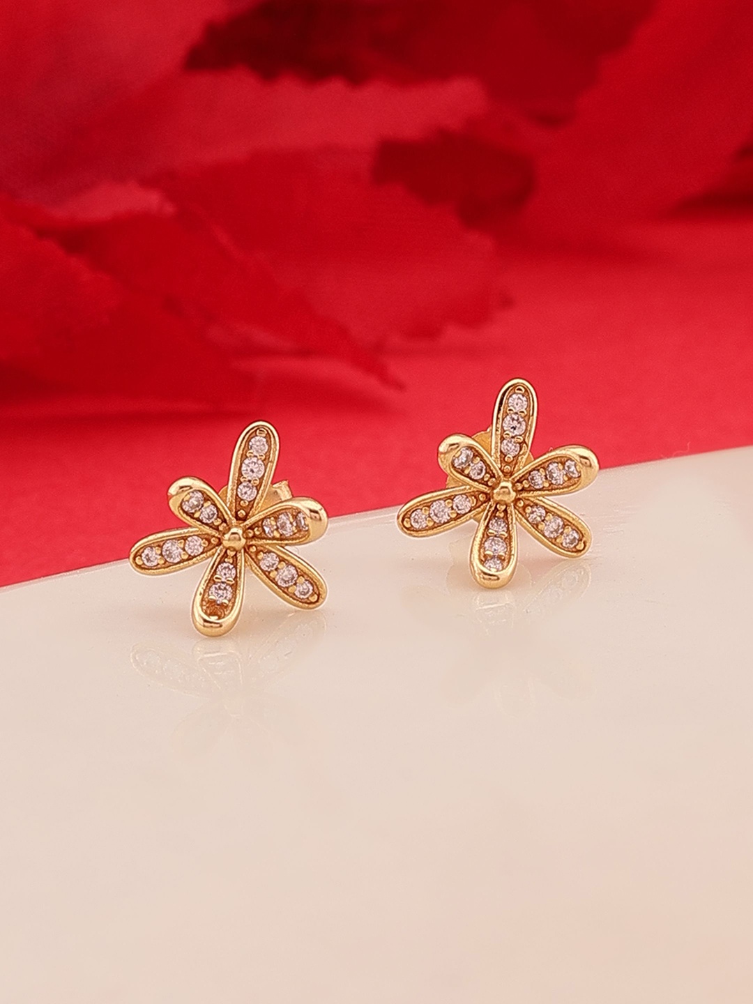 

DIAVO Gold Plated 925 Sterling Silver CZ Studded Floral Studs Earrings