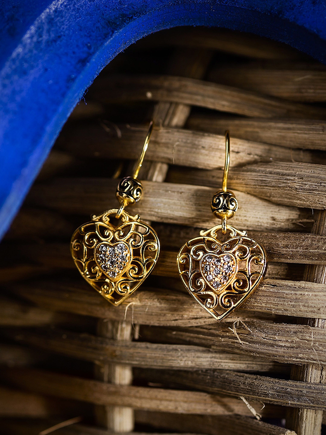 

DIAVO Gold Plated 925 Sterling Silver CZ Studded Heart Shaped Drop Earrings