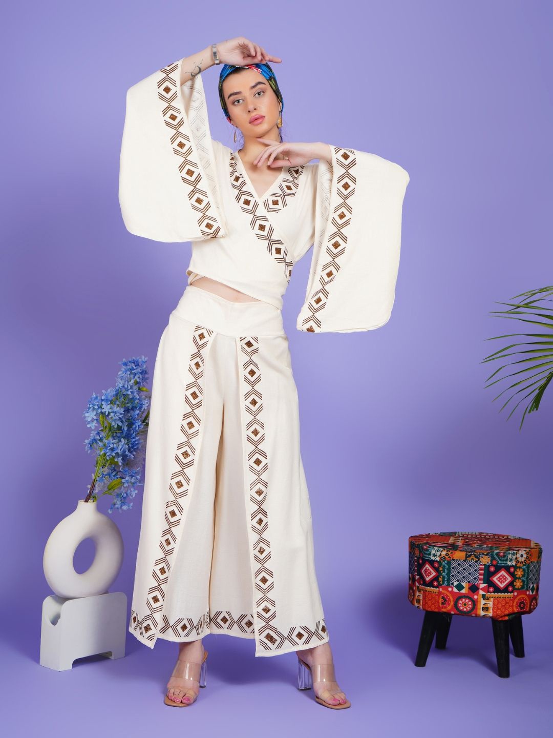

Boholyfe Printed Khadi Cotton Top With Palazzo, White