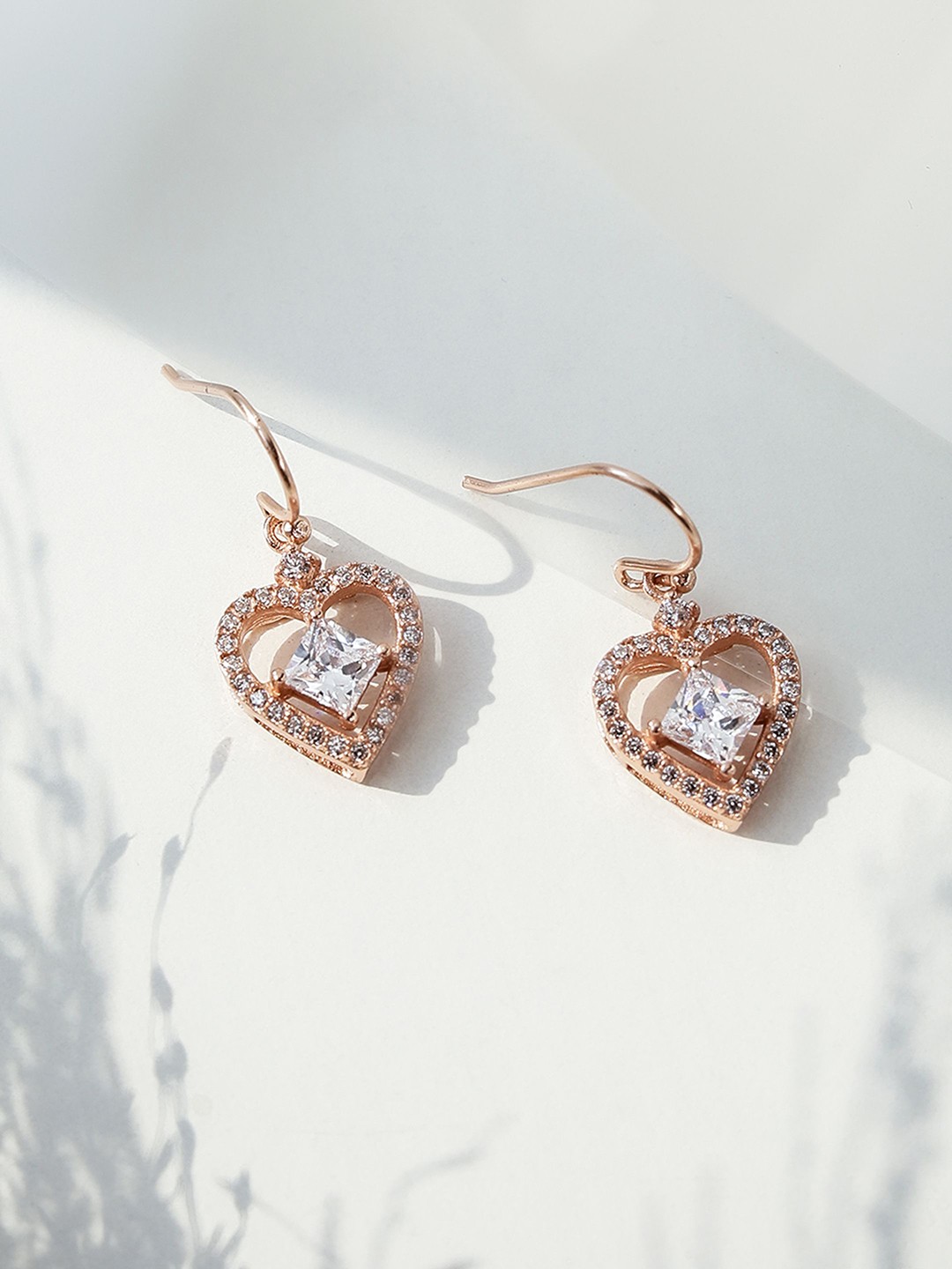 

DIAVO Rose Gold Plated 925 Sterling Silver CZ Studded Heart Shaped Drop Earrings