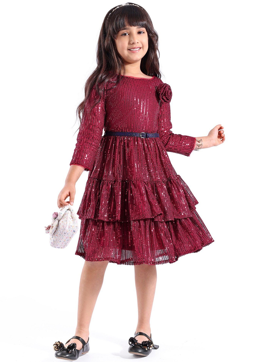 

Hola Bonita Girls Printed Tiered Fit & Flare Dress With Belt, Maroon