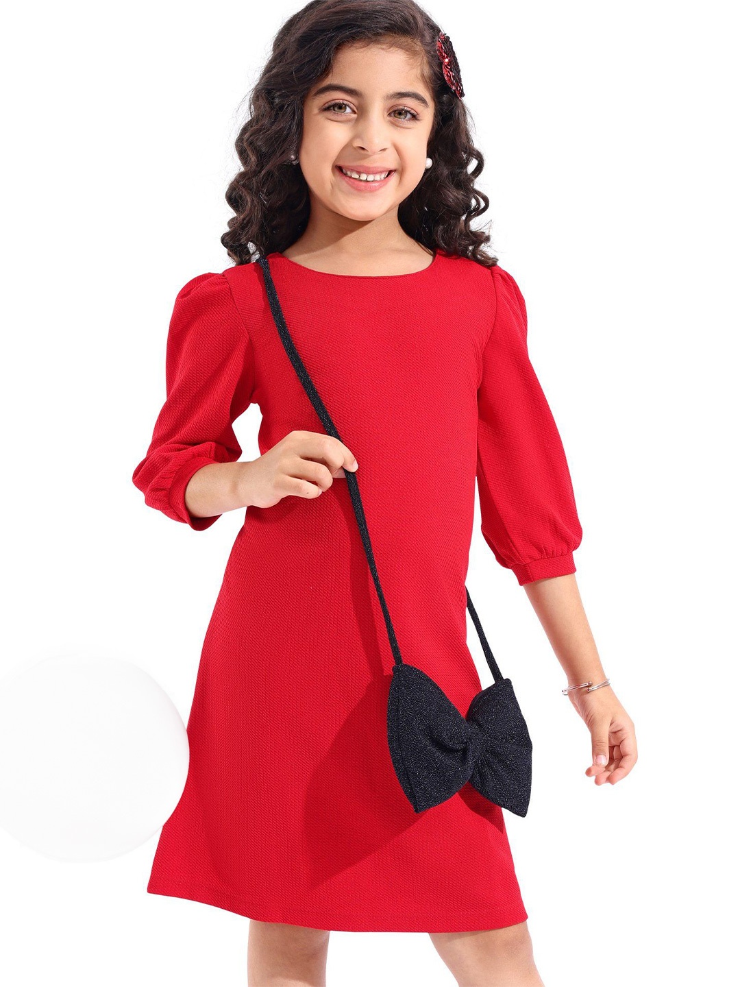 

Hola Bonita Girls A-Line Round Neck Dress With Sling Bag, Red