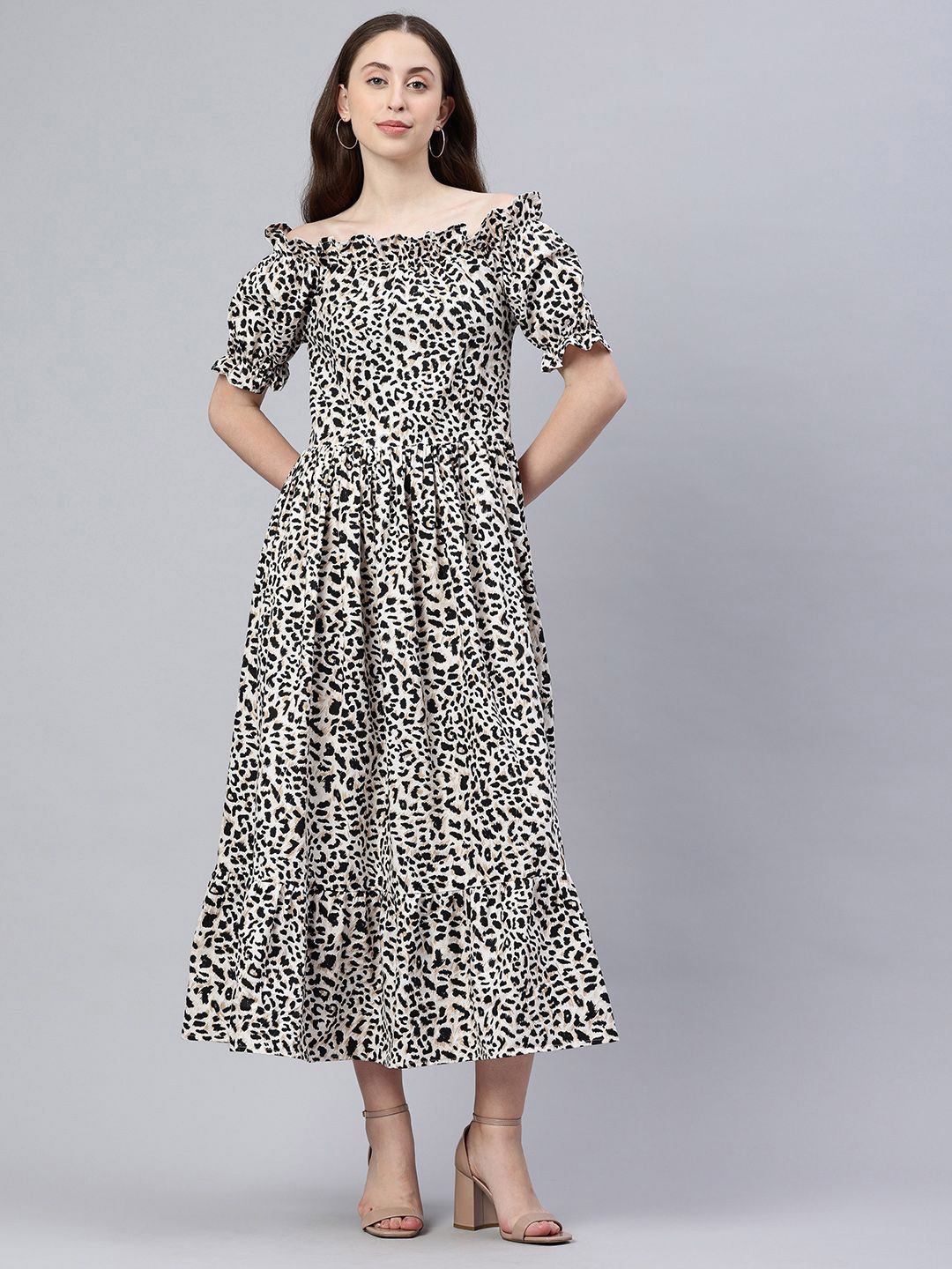 

Swishchick Women Animal Printed Off-Shoulder Puff Sleeve Fit & Flare Maxi Dress, White