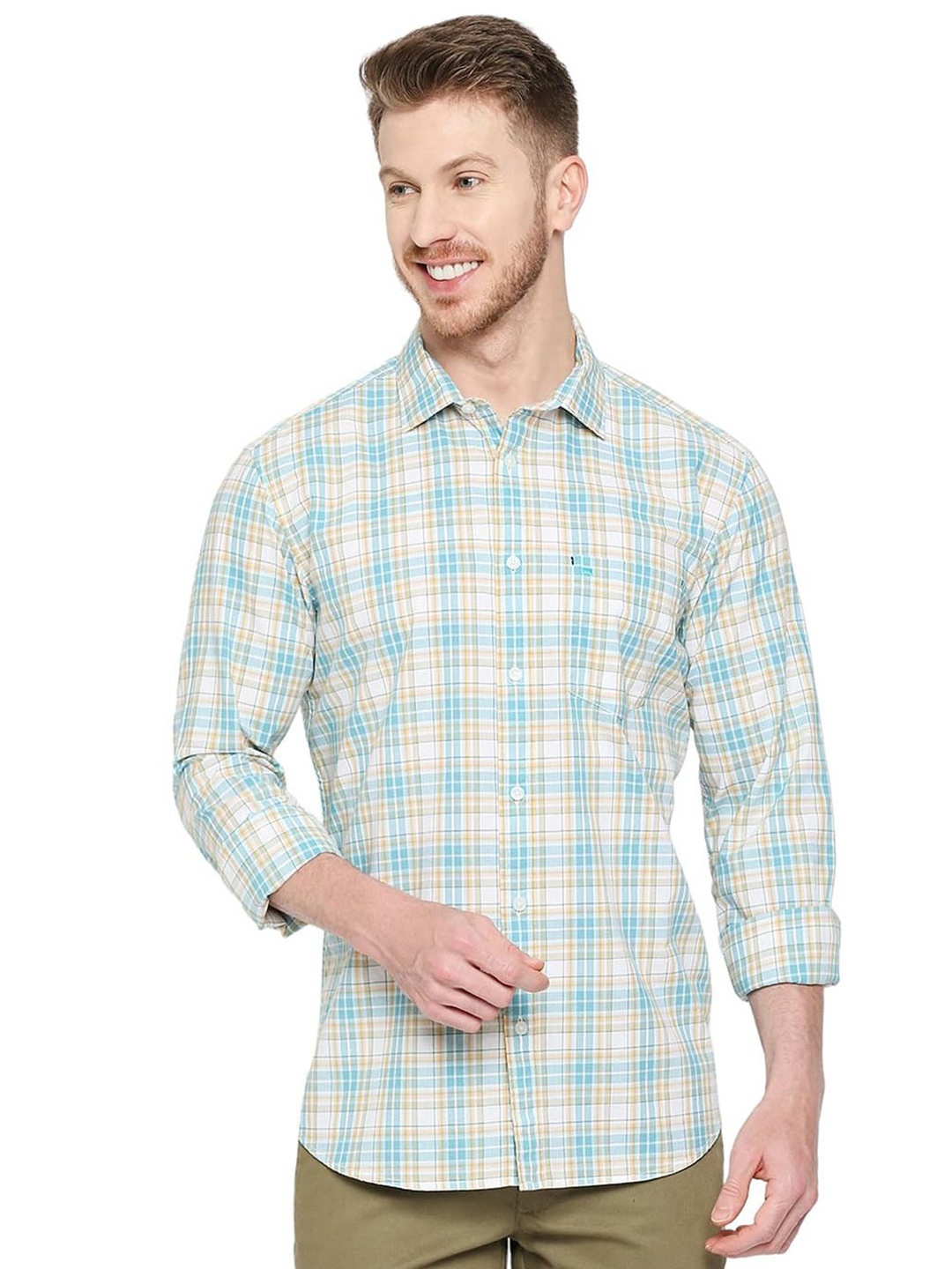 

Basics Men Slim Fit Gingham Checks Opaque Checked Casual Shirt, Blue