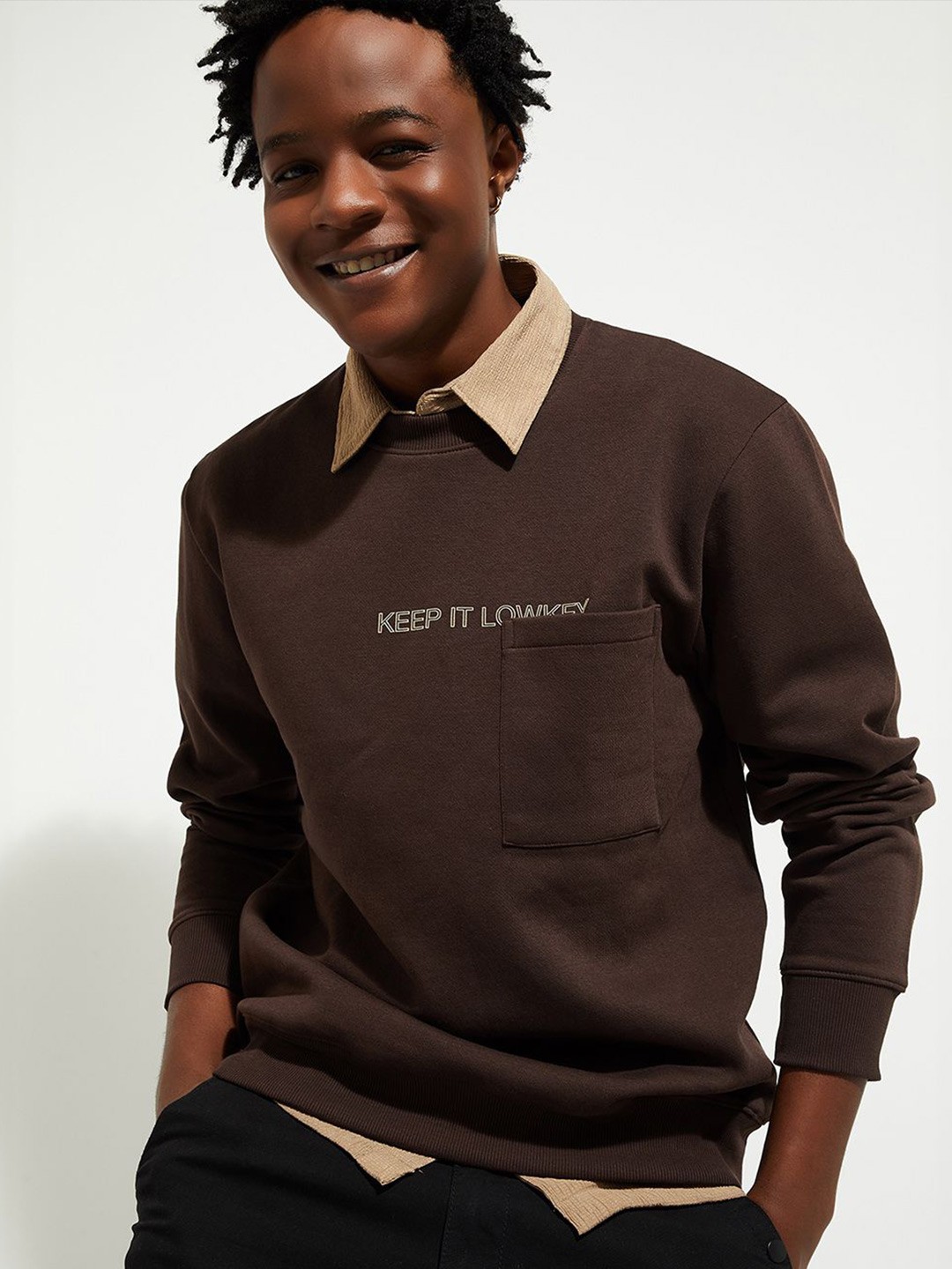 

MAX URB_N Men Chest Pocket Sweatshirt, Brown