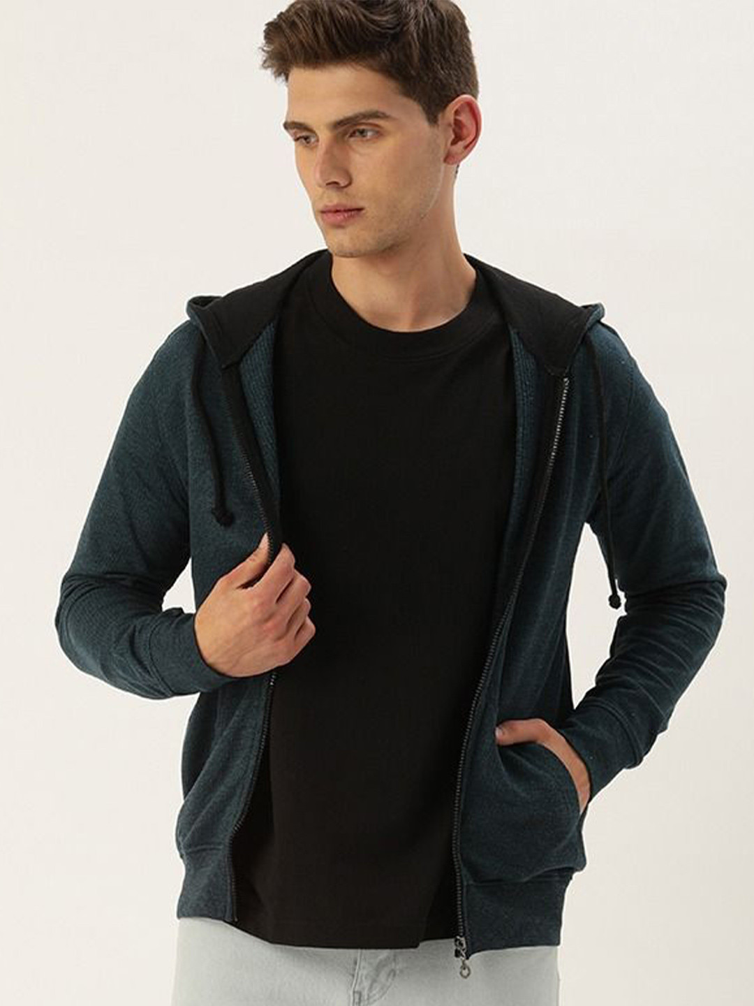 

ARISE Men Cotton Self Design Hooded Sweatshirt, Teal