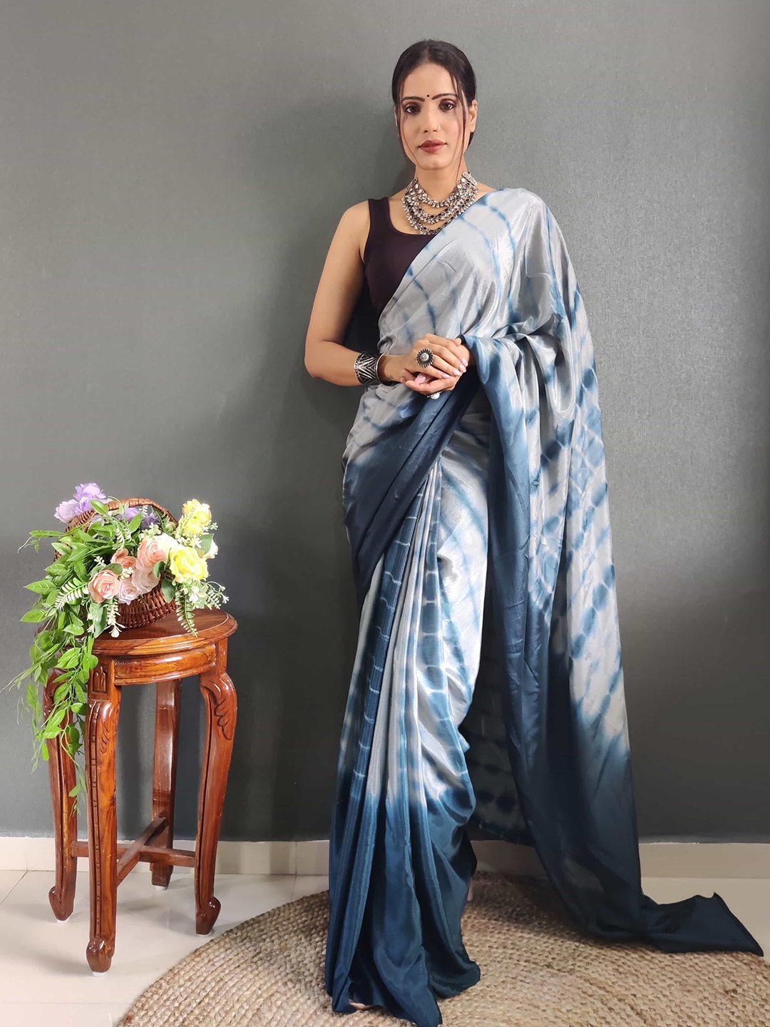 

KALINI Tie and Dye Satin Ready to Wear Saree, Blue