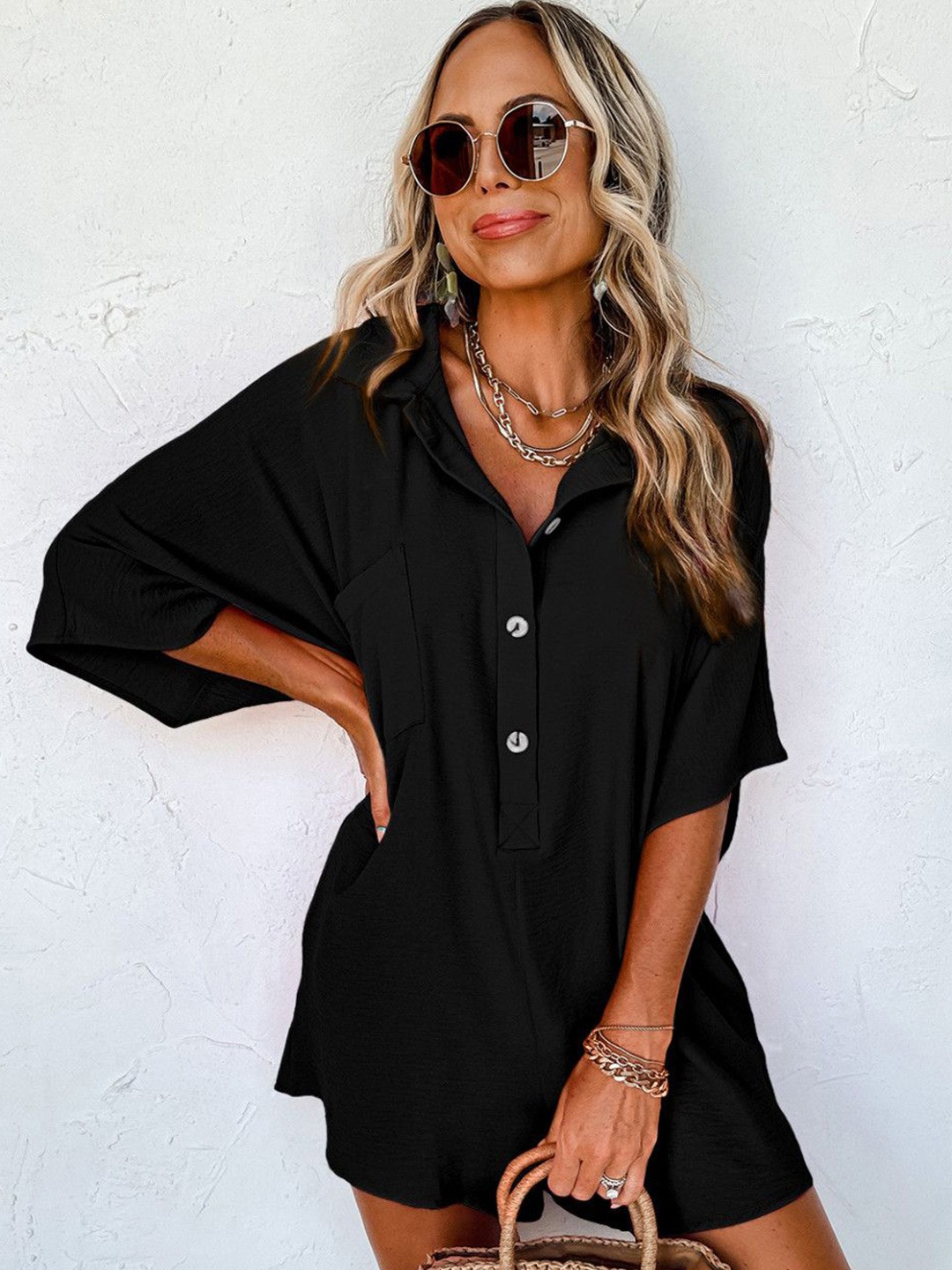 

StyleCast Women Shirt Collar Short Sleeves Playsuit, Black