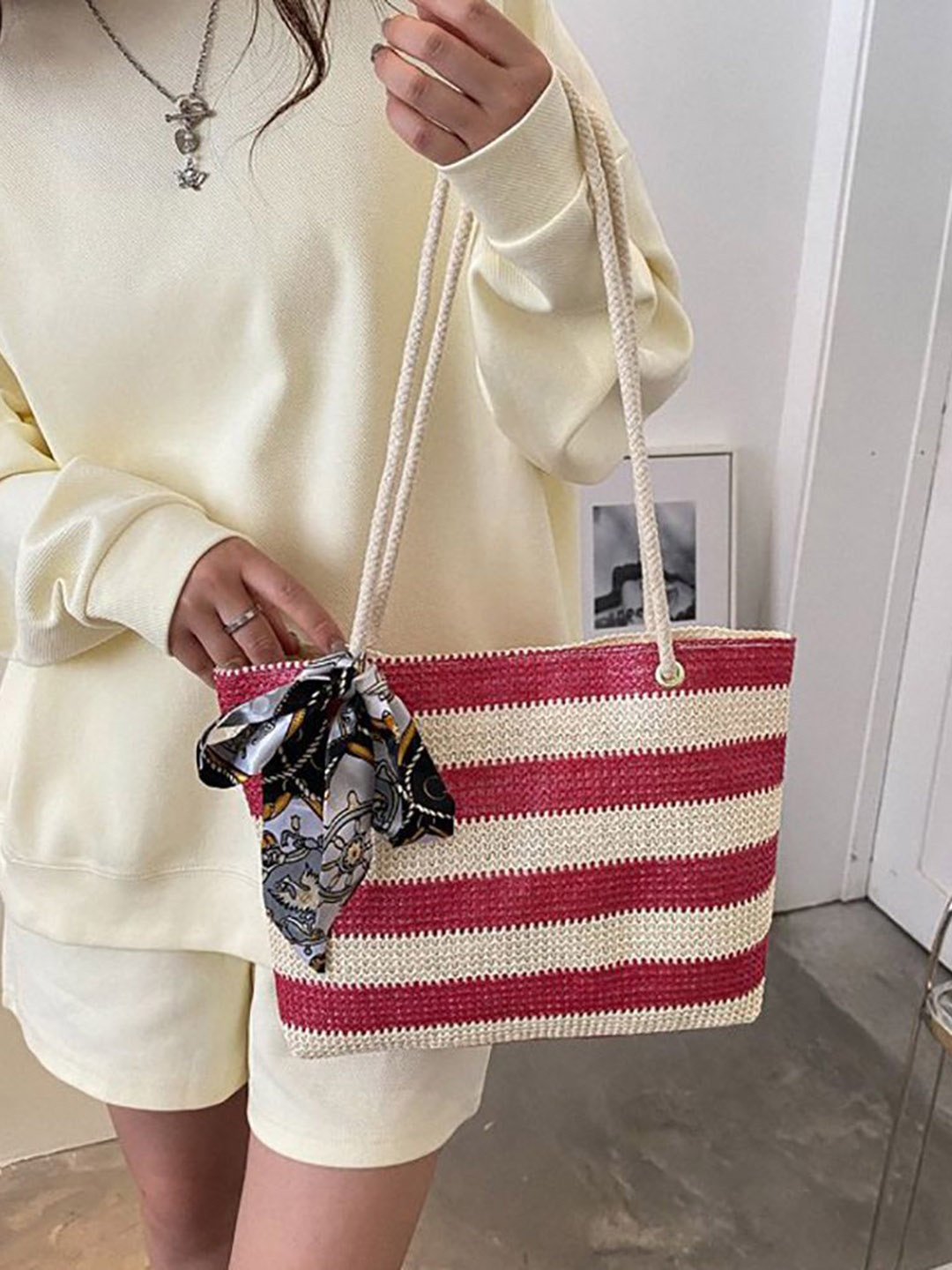 

StyleCast x Revolte Striped Bucket Handheld Bag, Rose
