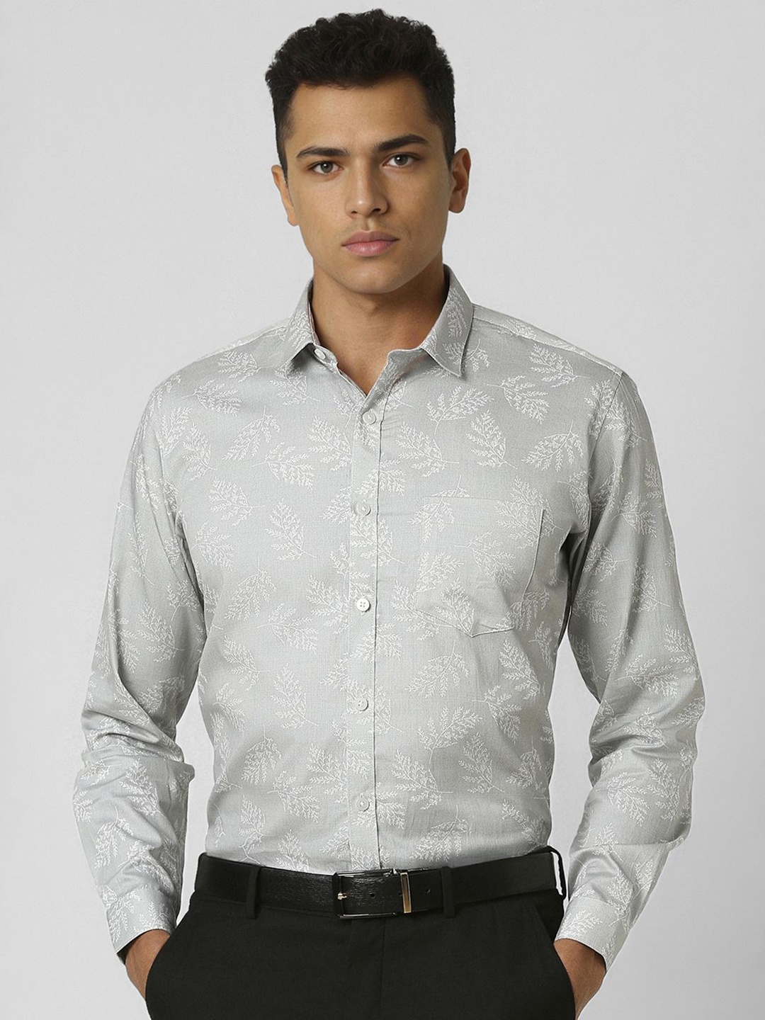 

V Dot Men Slim Fit Floral Opaque Printed Party Shirt, Grey