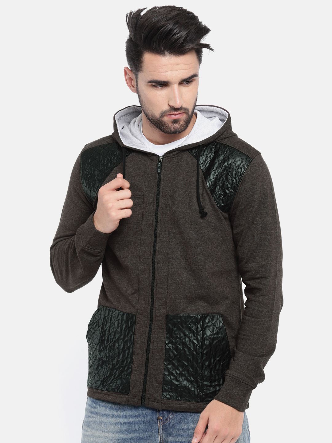 

ARISE Men Front-Open Hooded Sweatshirt, Brown