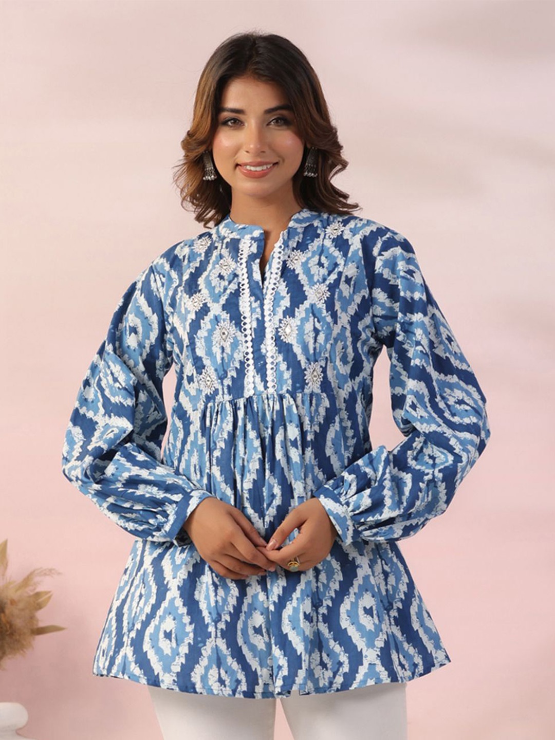 

FASHOR Chevron Printed Pure Cotton Kurti, Blue