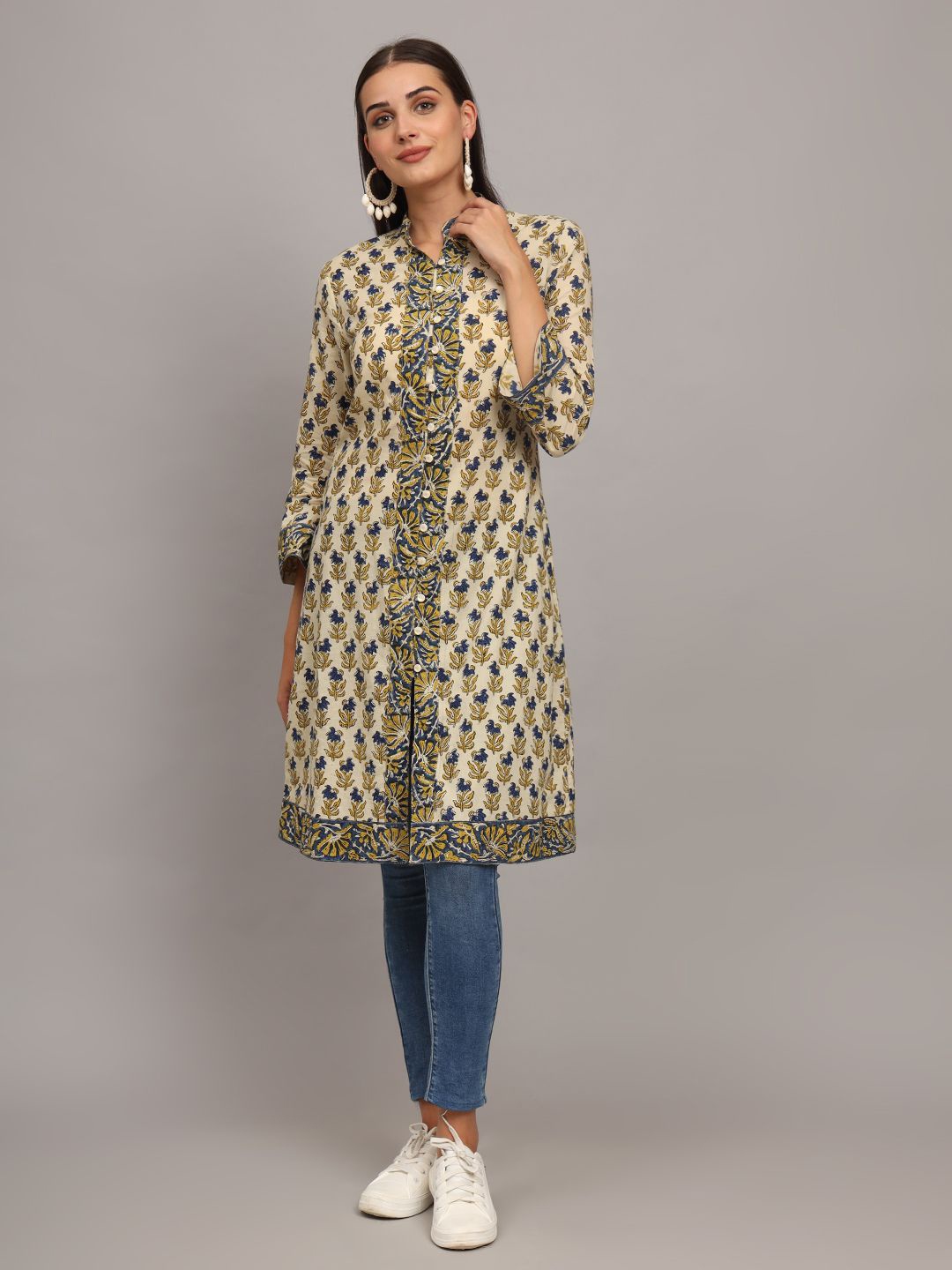 

CHARMGAL Ethnic Motifs Block Printed Shirt Style Kurta, Cream
