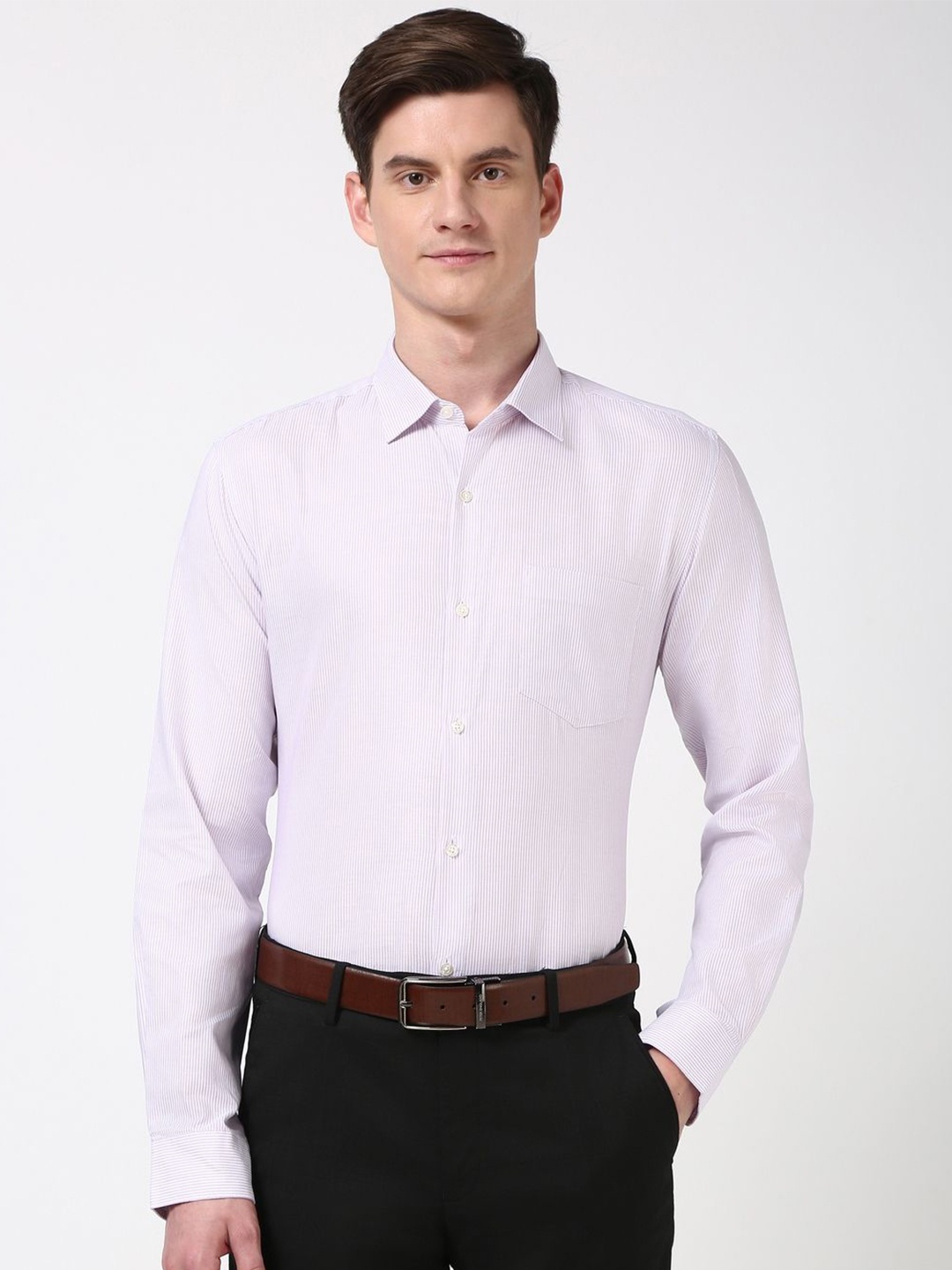 

Peter England Men Slim Fit Opaque Striped Formal Shirt, Pink