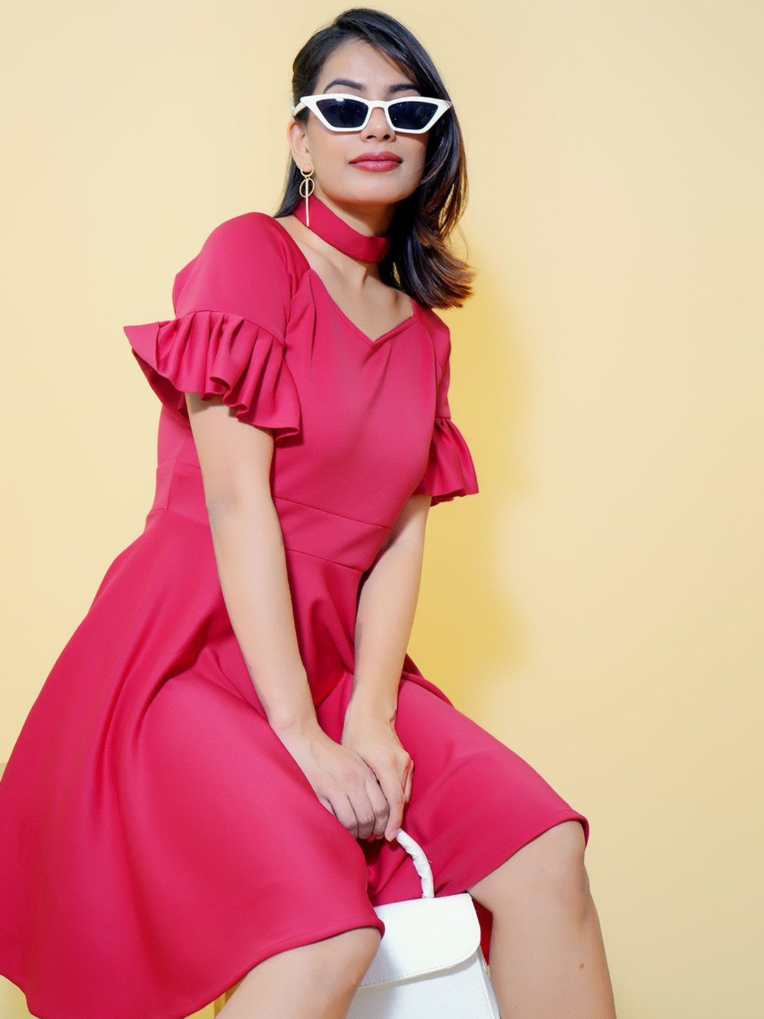 

CRAZEVILLA Choker Neck Flared Sleeve Scuba Fit & Flare Dress, Red