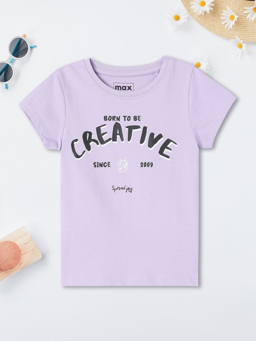 

max Girls Typography Printed V-Neck Applique T-shirt, Purple